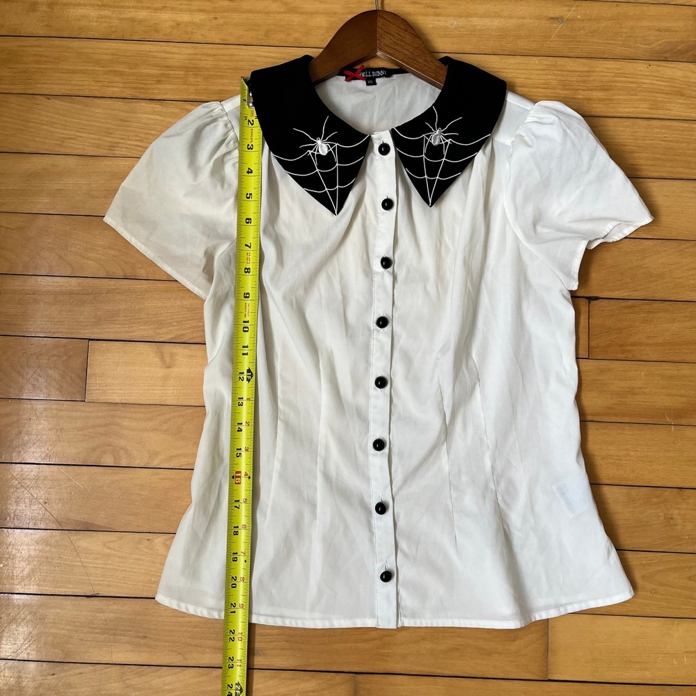 Hell Bunny White Spider Web Embroidered Collar Button Down Blouse XS Black Goth - Picture 6 of 7